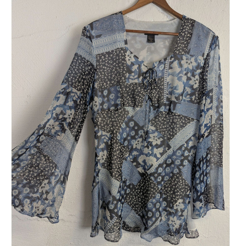 Vtg Silkland Blouse Y2K Blue Patchwork Print Lace Up Bell Sleeve Sheer Womens XL